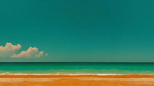 Minimalistisch zeezicht met gouden zand en turquoise hemel