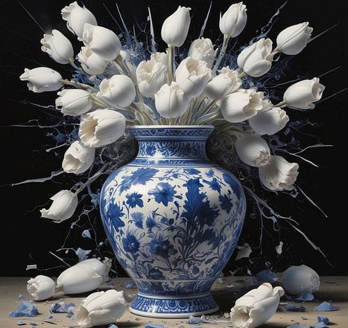 art modern delfts blauwe vaas met witte tulpen modern art.