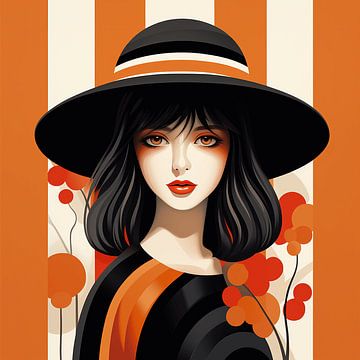 Vrouw in hoed met oranje strepen en bloemen van Art Lovers