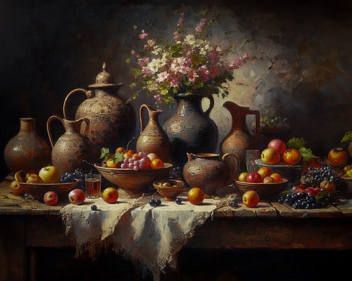 Oil-painted still life with old vases and flowers with fruit