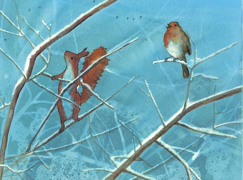 Illustration Eichhörnchen und Rotkehlchen