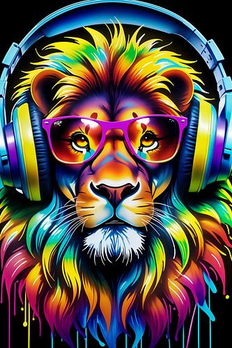 Un lion à lunettes écoute de la musique