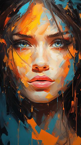 Porträt eines abstrakten Frau mit bemaltem Gesicht, Aquarell-Ölgemälde-Design, vertikal