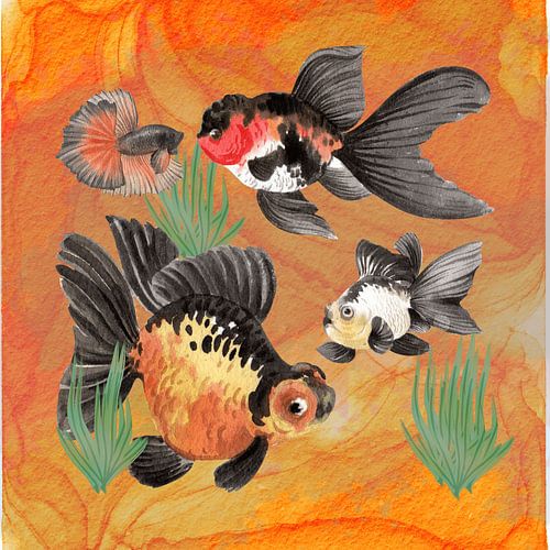 Eleganter Goldfisch in warmem orangefarbenem Wasser – Lebendige Aquarium-Illustration von Geovia