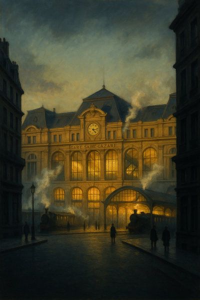 Gare Saint-Lazare Sundown – Paris in Steam and Golden Light by Travel Shop