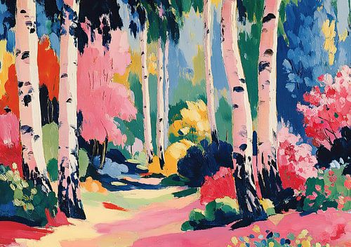 Une forêt colorée aux troncs de bouleaux blancs