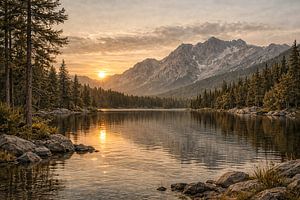 Lac alpin dans la lumière dorée du soir