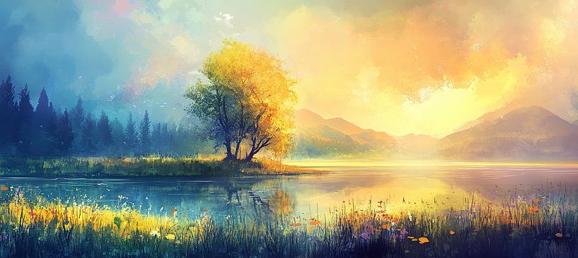 Paysage d'automne | Paysage d'automne avec étang par Caprices d'Art