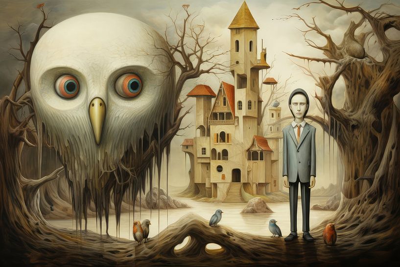 Strange artistic sculpture with man and animal by Art Bizarre