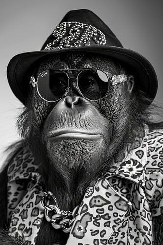 Portret van een orang-oetan met zonnebril en hoed