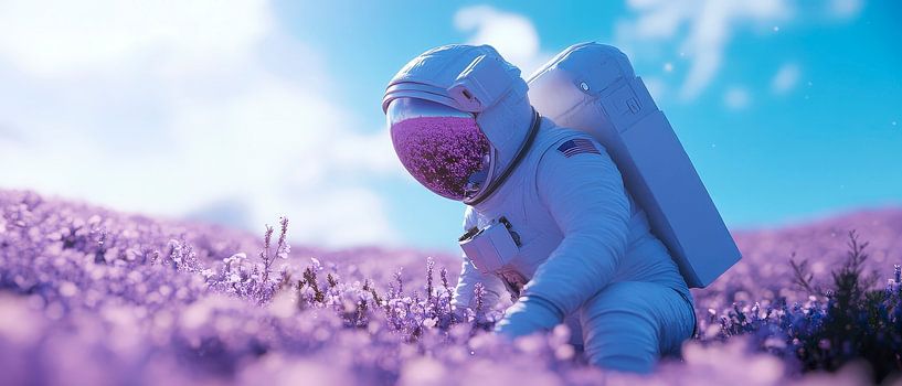 Astronaut im lila Blütenfeld – Fantasie pur von Poster Art Shop