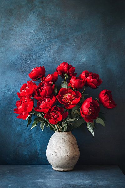 Fleurs rouges dans un vase en pierre par Imperial Art House