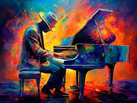 Œuvre d'art colorée et expressive représentant un pianiste derrière son piano à queue. sur STUDIO ARTSY