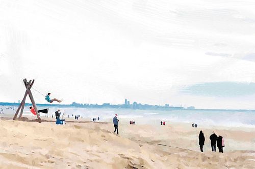 Schommelen aan Zee in Noordwijk - Impressionistisch Digitaal Kunstwerk van VenVision Art