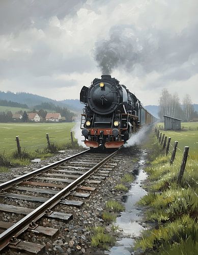 Een trein die in de motregen voorbijrijdt