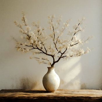 Een stilleven van een beige vaas met wit beige bloesem takken .