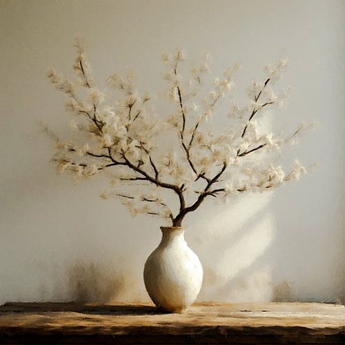 Een stilleven van een beige vaas met wit beige bloesem takken .