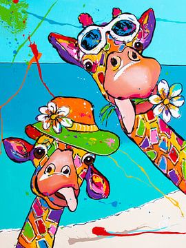 Girafes joyeuses sur la plage sur Happy Paintings