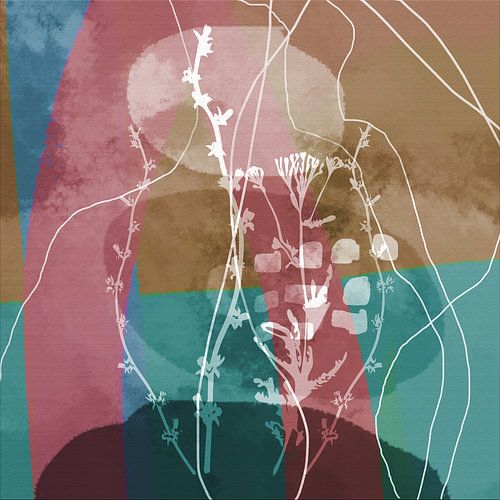 Abstracte botanische kunst in retro vibes en pastelkleuren. Bloemen op groen, roze, bruin