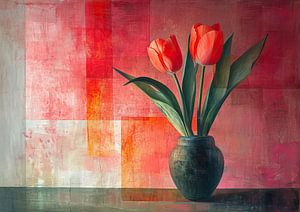 Still life Tulips | Crimson Bloom Vase by Kunst Kriebels