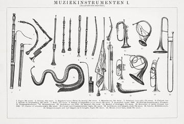 Antieke gravure Muziekinstrumenten I van Studio Wunderkammer