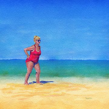 Frau in pinkfarbenen Badeanzug am Strand Acrylbild von Karen Kaspar