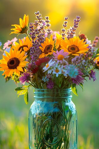 Kleurrijke bloemen in een glazen vaas