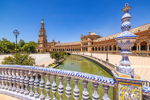 Canal and tiled balustrade of Plaza de España, Seville