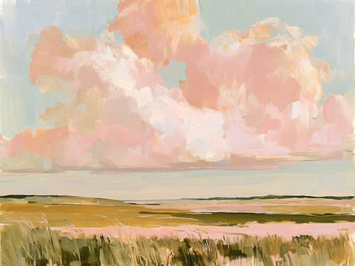 Schilderij van pastelkleurige wolken boven een weide