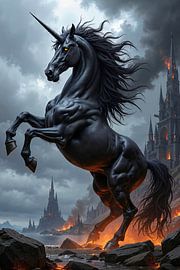Fantasy Art Wandbild: BLACKHORN – Das schwarze Einhorn vor einer Burg von INFERAURUM