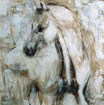 Ein abstraktes Gemälde von einem weißen Pferd von Mieke Daenen