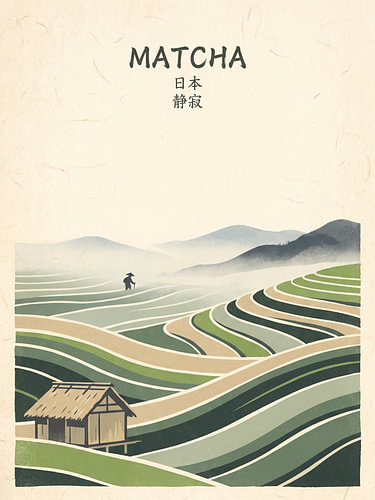 Serene Matcha Fields Beneath Misty Mountains in Traditional Japan