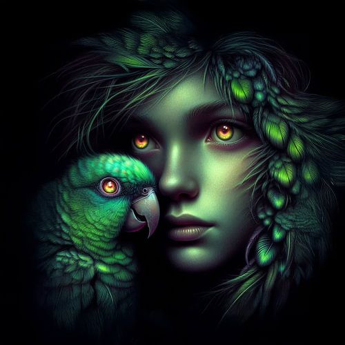 Girl with green parrot...