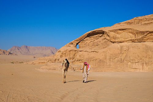 Dromedare und Beduinen in der Wüste Wadi Rum