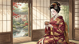 Eine anmutige Geisha genießt eine Tasse Tee in einem traditionellen japanischen Haus von my pixel art
