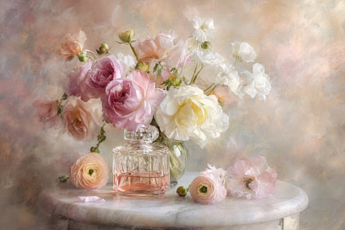 Bloemen en Parfumfles - Dromerig Schilderij