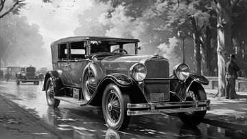 Old vintage car driving through the streets of a city in the 1920s painting art design black and white photography by Animaflora PicsStock