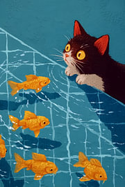 Neugierige Katze beobachtet Goldfische im Pool zwischen Sommer, Ruhe und verspieltem Charme