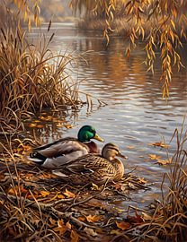 Wilde eenden op een herfstvijver van haroulita