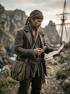 Mann mit Karte und Lupe in der Nähe eines Schiffes von Markus Gann