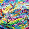 Japanse kleurrijke  kunst met paradijsvogels en Berg Fuji van Egon Zitter