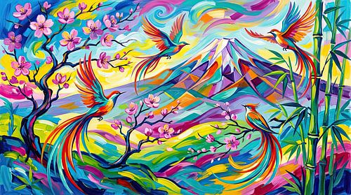Farbenfrohe japanische Kunst mit Paradiesvögeln und dem Berg Fuji von Egon Zitter