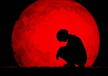 Grieving Man Silhouette Against Textured Red Moon Art by BINEDITS