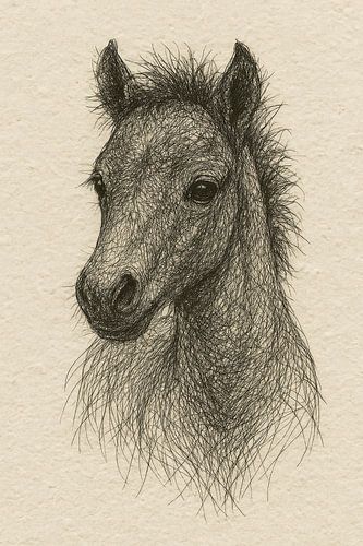 Draad portret veulentje (lief schattig baby paard boerderij dieren babykamer tekening zachte rustige kleuren)