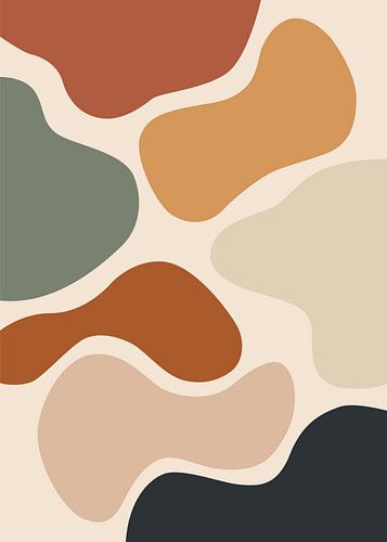 Minimalistische, platte, abstracte vectorillustratie van zwevende organische kloddervormen in aardetinten en boho-stijl.