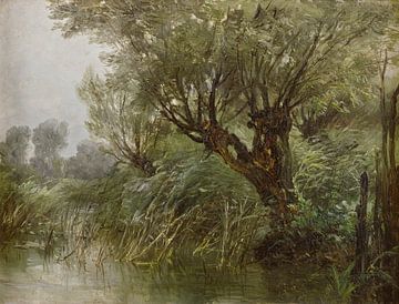 Carlos de Haes-Riverside willow landscape, Antique landscape