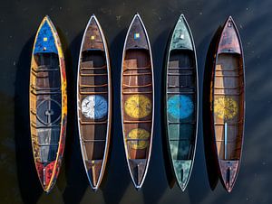 Canoës de différentes couleurs, autochtones américains