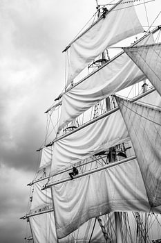 Classic sailing ship masts with sails in black and white