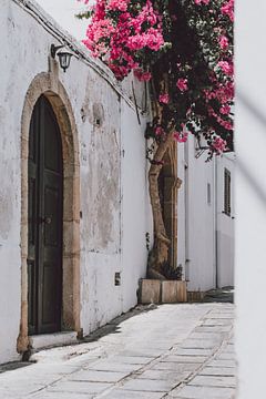 White street of Lindos with the Bougainvillea by Patrick Vossen