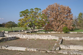 Le site archéologique de Pella, avec ses ruines antiques en pierre et ses arbres sur Tomherkules